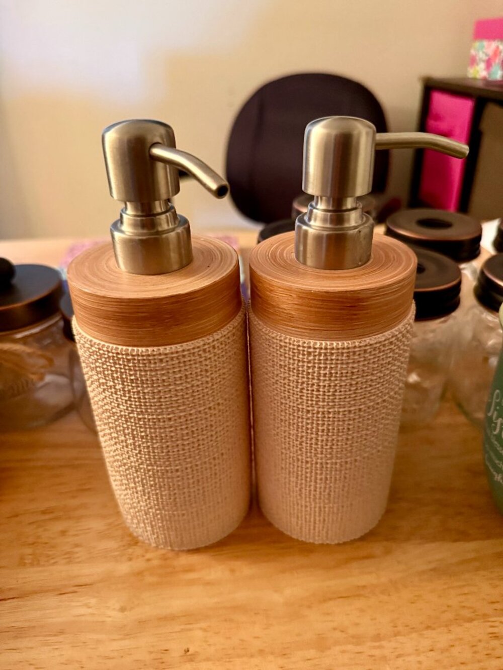 Woven Texture Faux Wood Resin Farmhouse Soap Dispenser Silver Pump Beige Bottle